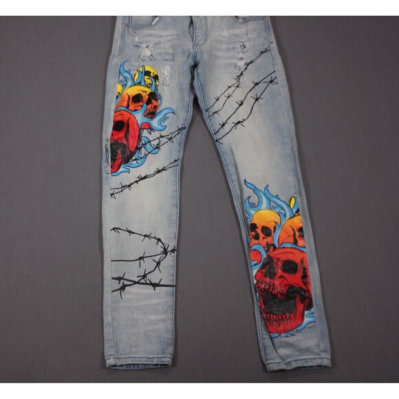 MOTIVE DENIM JEANS Blue Skull Graphic Rhinestone Print Stretch Tag 32X32 (32X31) - Picture 4 of 15